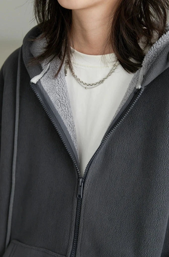 GRAY SOLID PLUSH ZIP-UP HOODIE