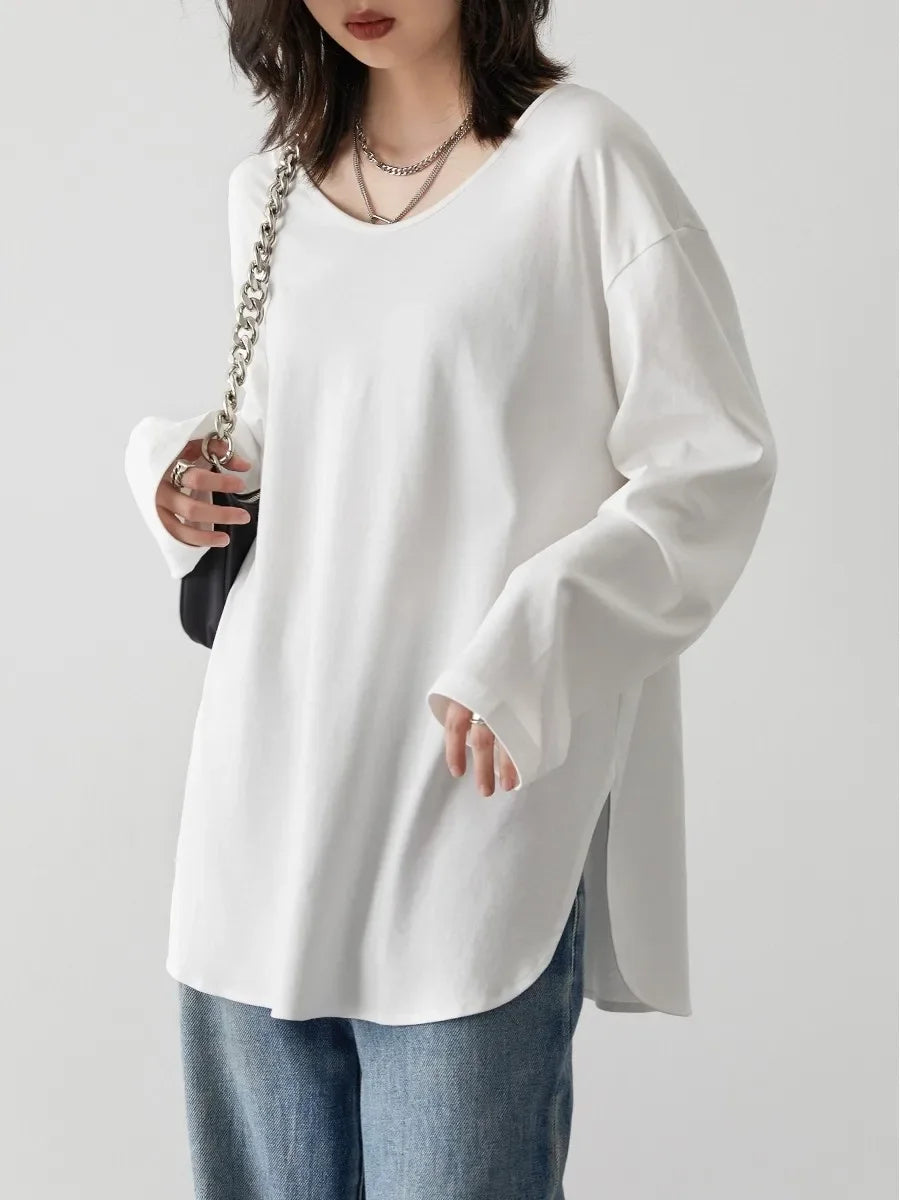 WHITE RELAXED U-NECK LONG SLEEVE TEE mfoya