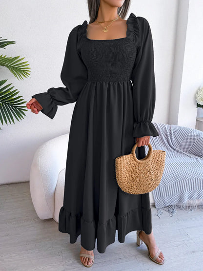 BLACK RUFFLE SWING MIDI DRESS