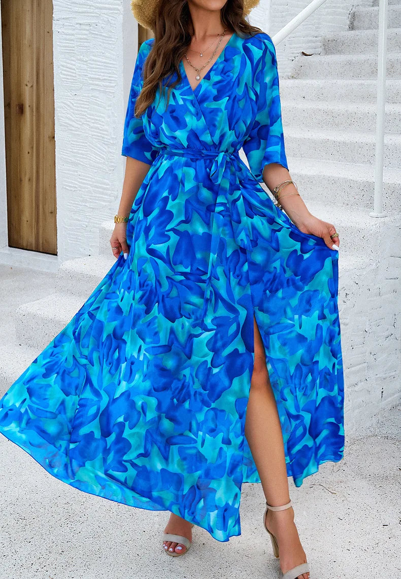 BLUE BOHO LACE-UP MAXI DRESS mfoya