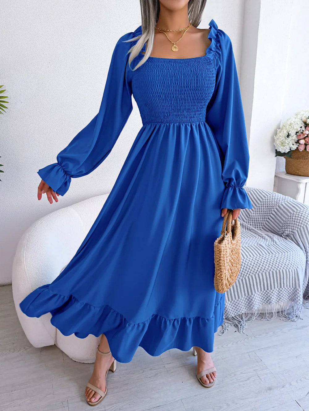 BLUE RUFFLE SWING MIDI DRESS mfoya