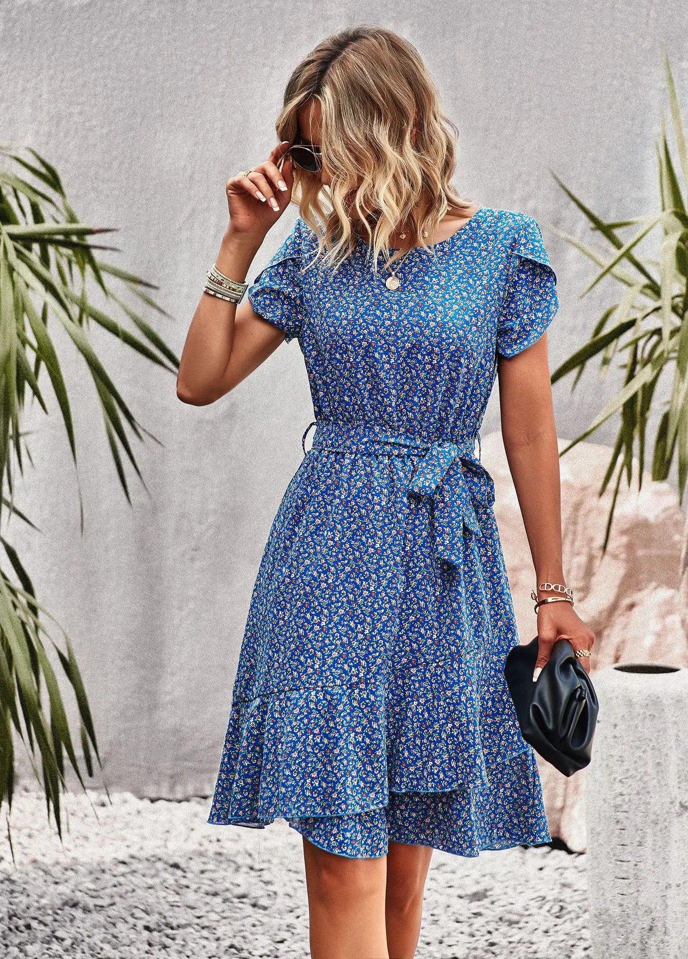 BLUE SEASIDE PRINT WRAP DRESS mfoya