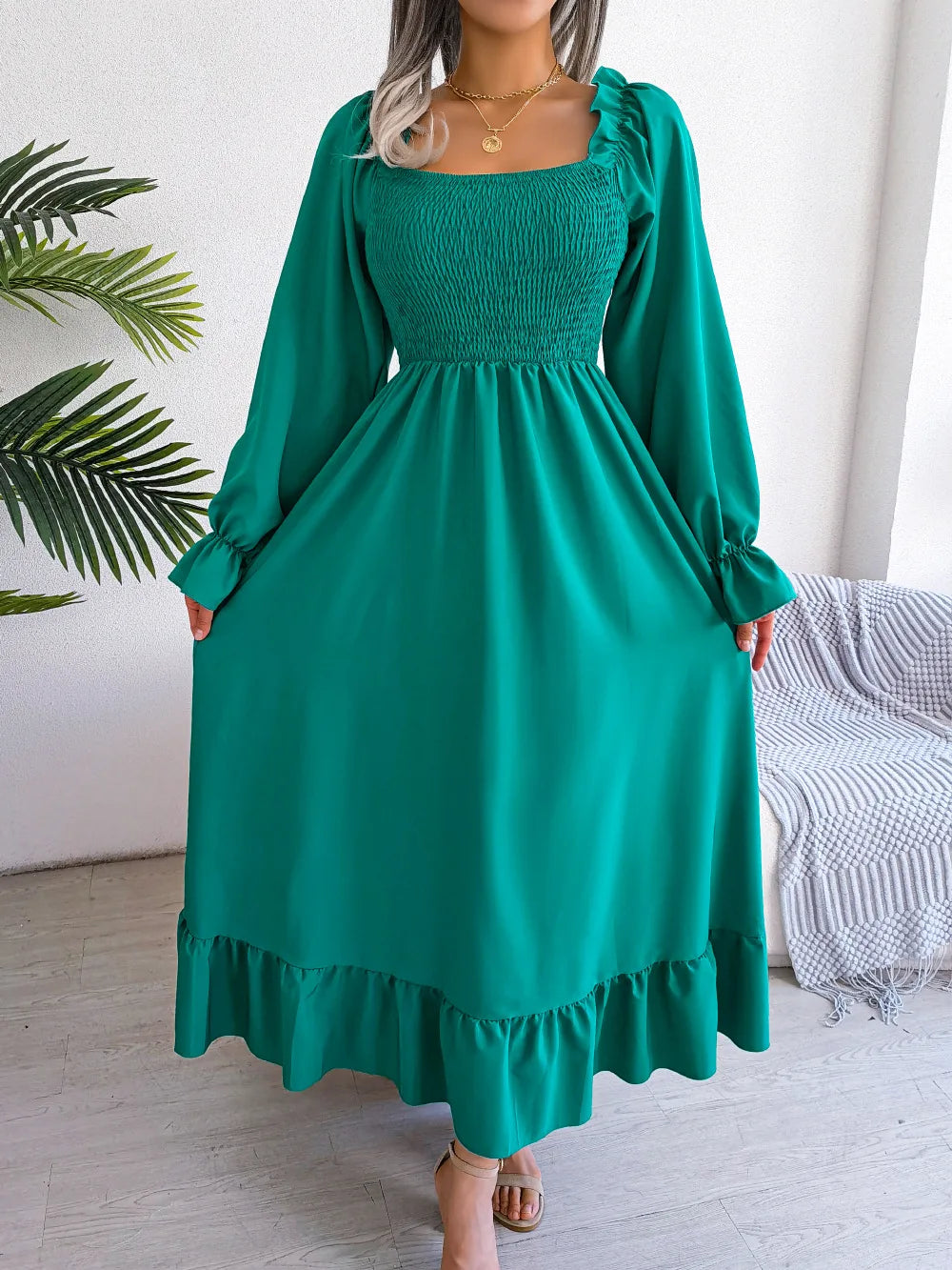 GREEN RUFFLE SWING MIDI DRESS