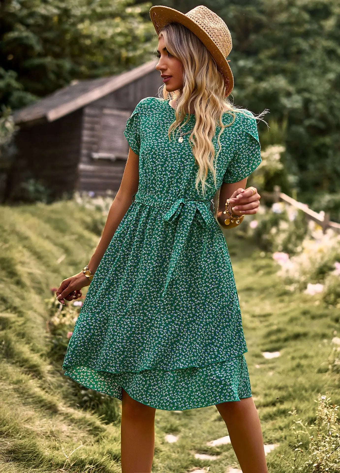 GREEN SEASIDE PRINT WRAP DRESS mfoya