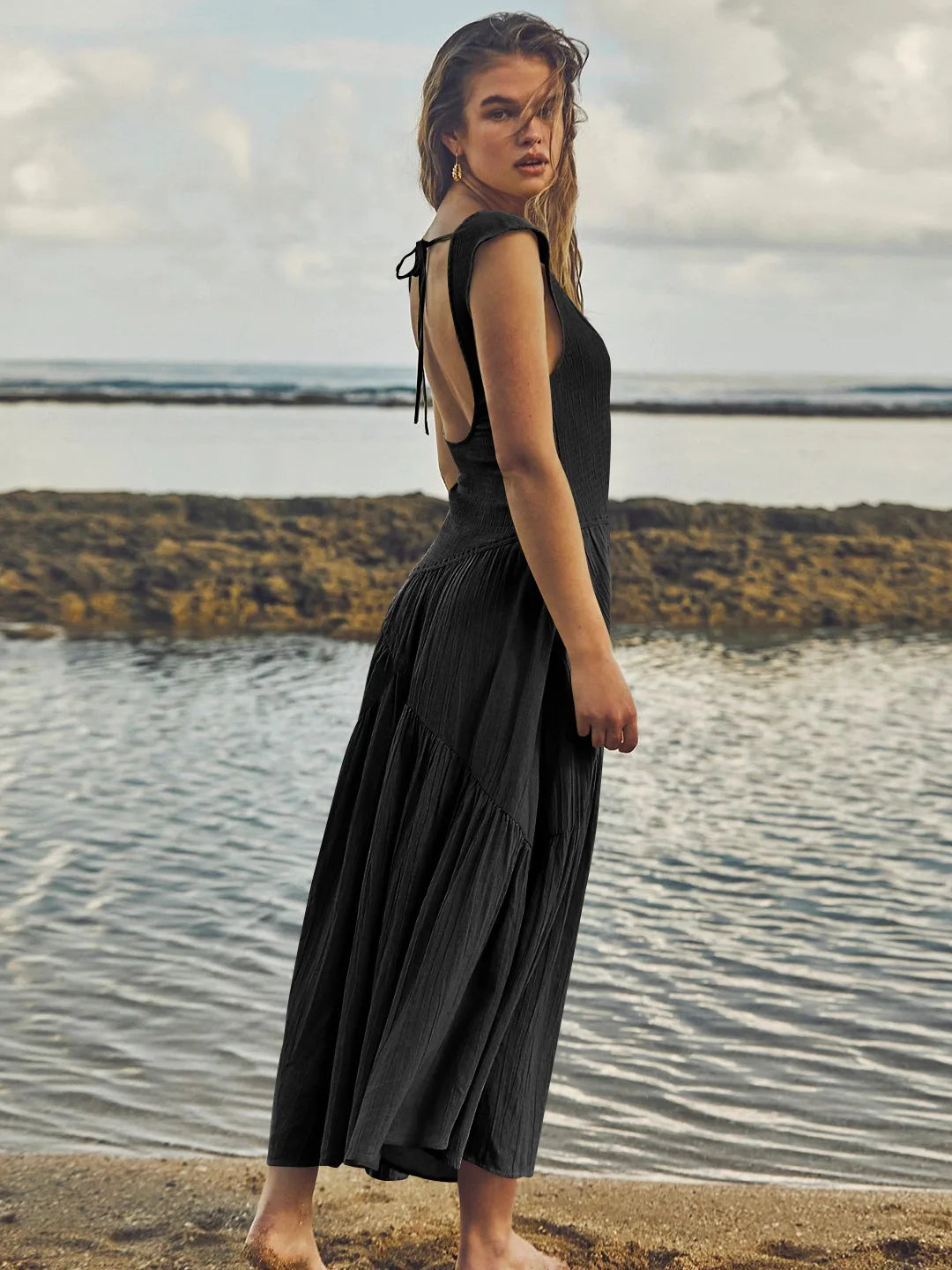 BLACK BACKLESS BOHO STRAP DRESS mfoya