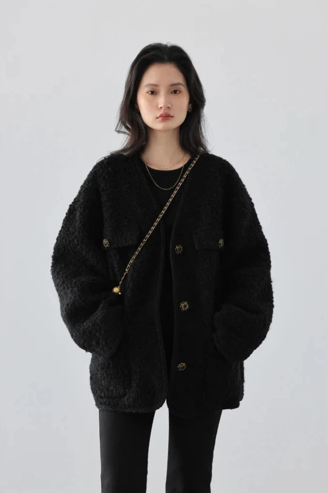 BLACK WOOLEN POLKA DOT COAT mfoya