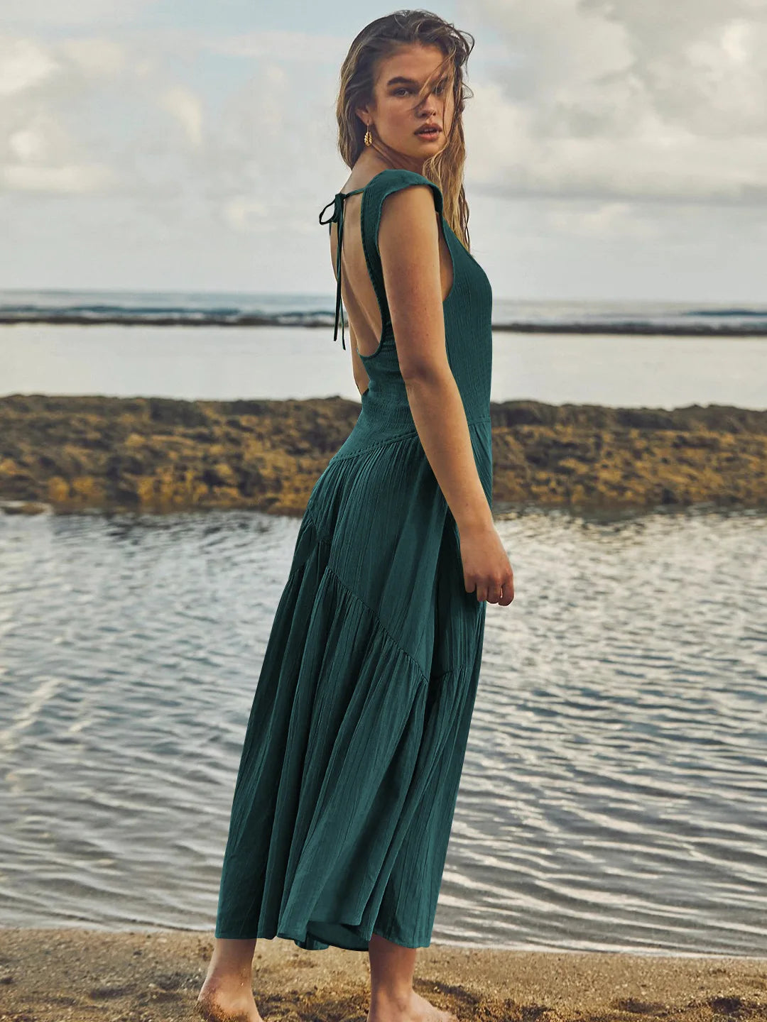 EMERALD BACKLESS BOHO STRAP DRESS mfoya