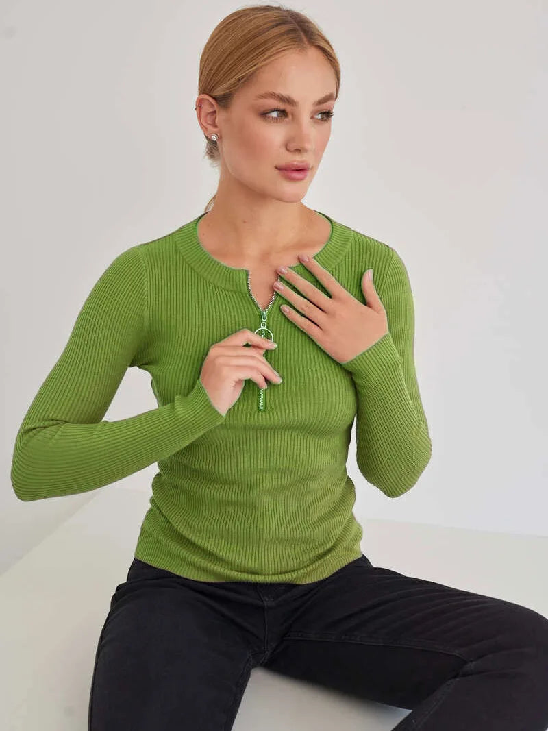 GREEN SIPPER DETAIL SLIM PULLOVER mfoya