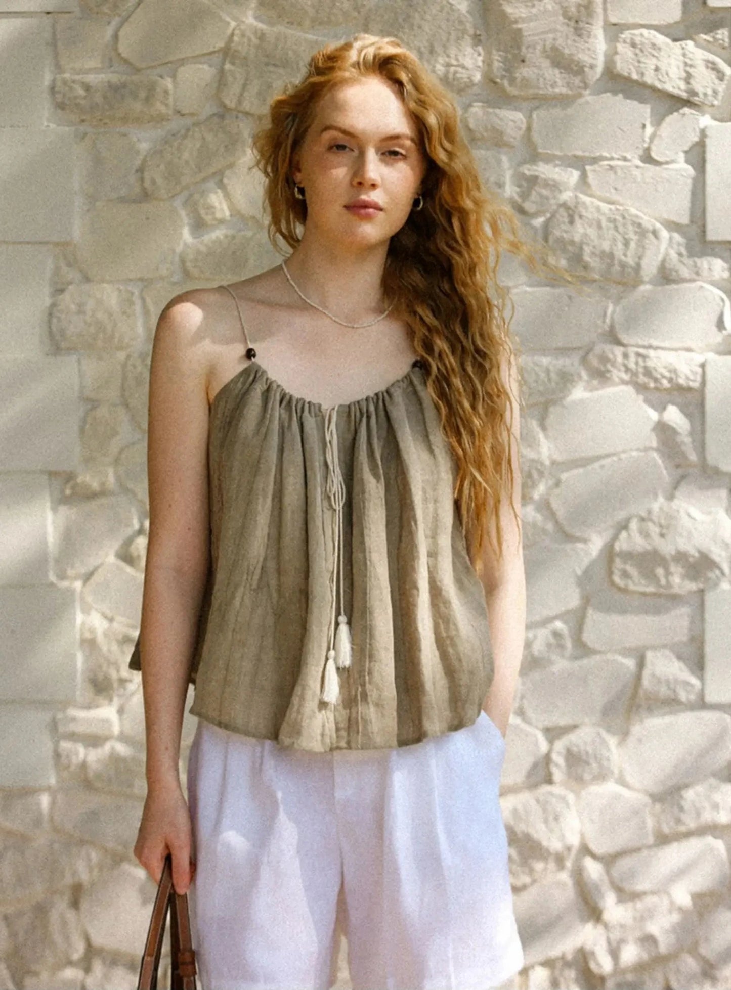 KHAKI LINEN STRAP TANK TOP mfoya