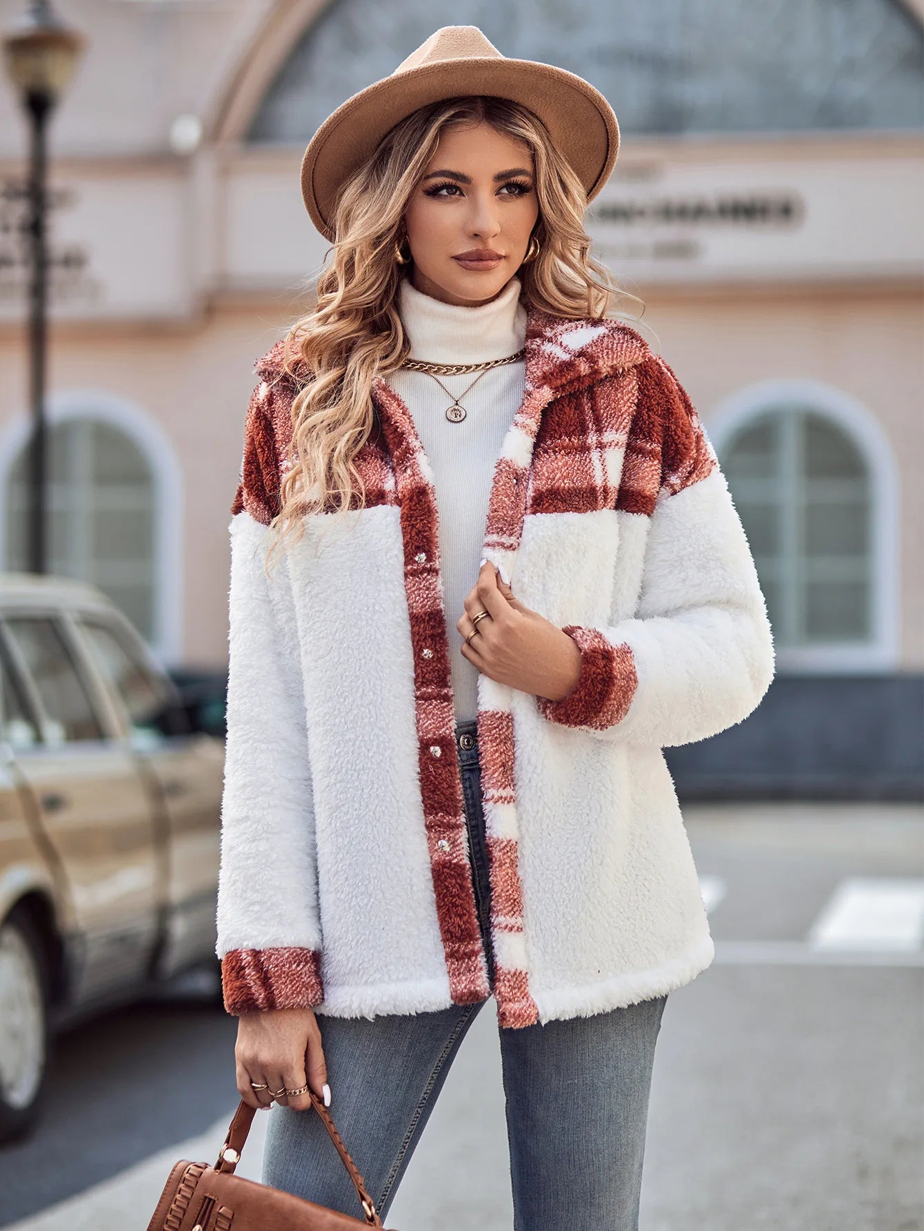 RED PLUSH JACKET WITH GRID PATTERN mfoya