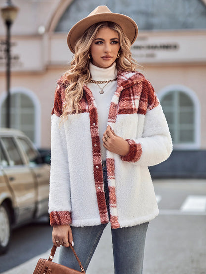 RED PLUSH JACKET WITH GRID PATTERN