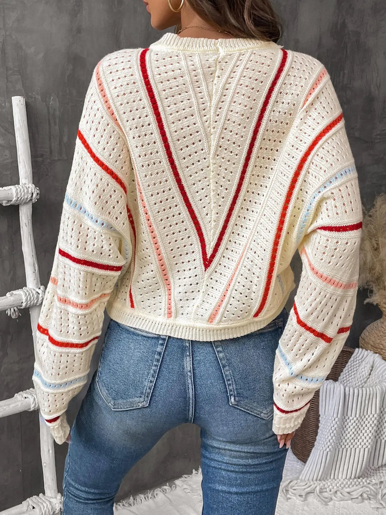 Striped Crew Neck Hollow-Out Sweater mfoya