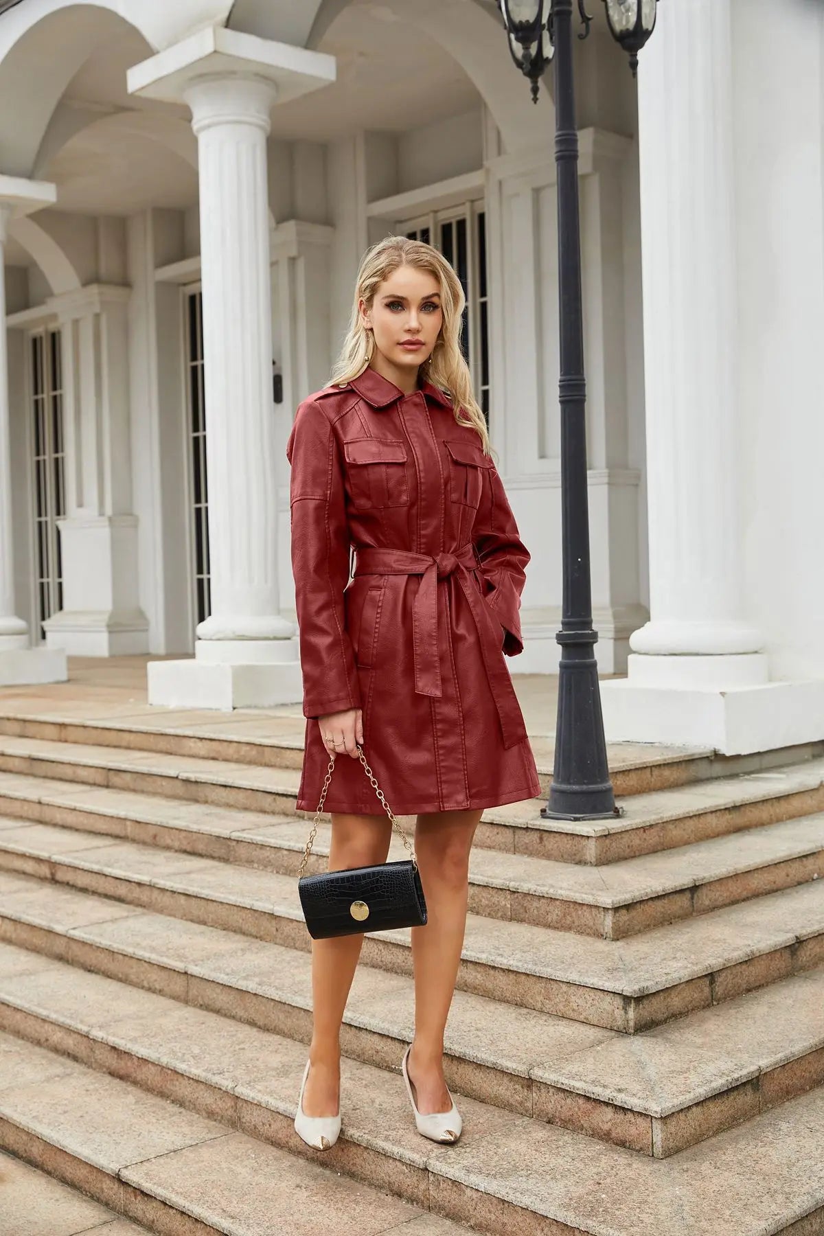 WINE RED LEATHER BELTED TRENCH COAT