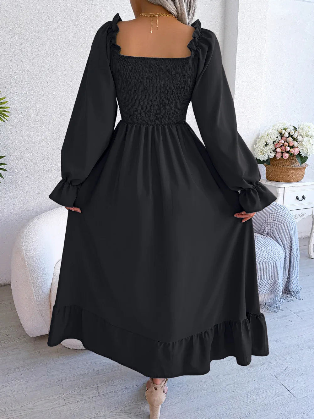 BLACK RUFFLE SWING MIDI DRESS mfoya