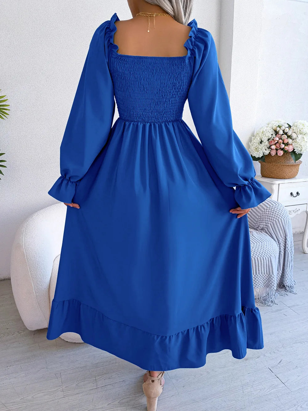 BLUE RUFFLE SWING MIDI DRESS mfoya