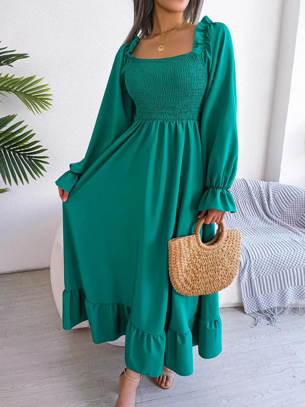 GREEN RUFFLE SWING MIDI DRESS mfoya