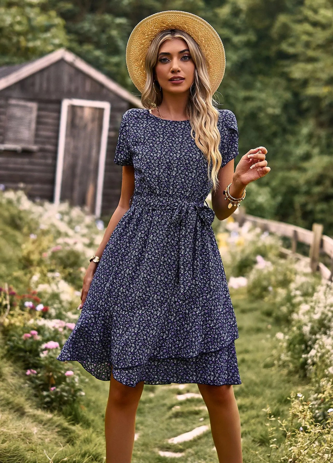 NAVY SEASIDE PRINT WRAP DRESS mfoya