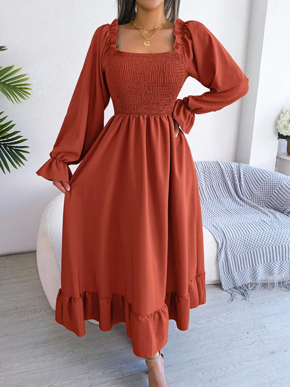 ORANGE RUFFLE SWING MIDI DRESS mfoya