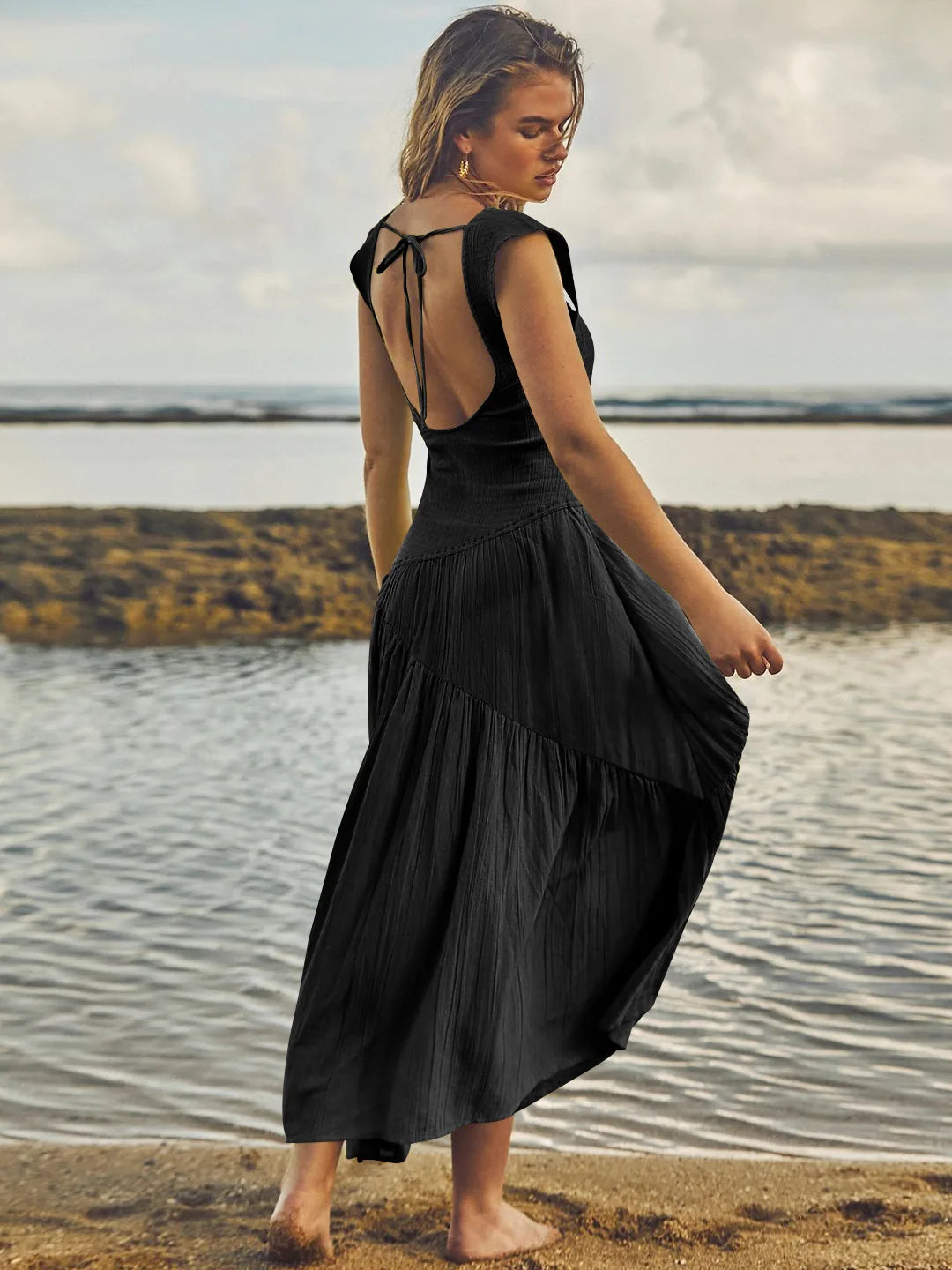 BLACK BACKLESS BOHO STRAP DRESS mfoya