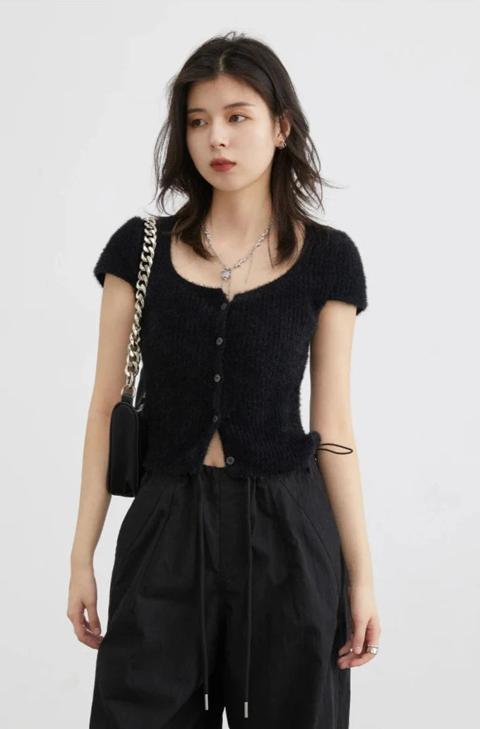 BLACK SQUARE NECK KNIT CARDIGAN mfoya