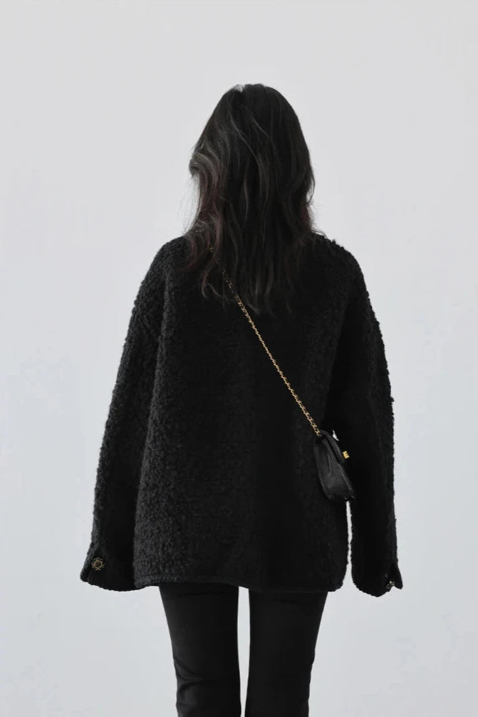 BLACK WOOLEN POLKA DOT COAT mfoya