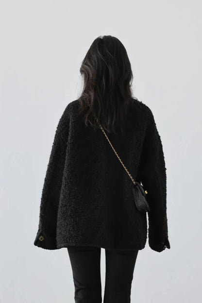 BLACK WOOLEN POLKA DOT COAT