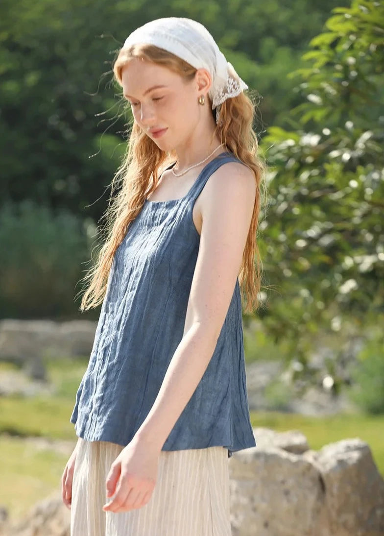 BLUE LINEN CROSS-BACK TANK mfoya