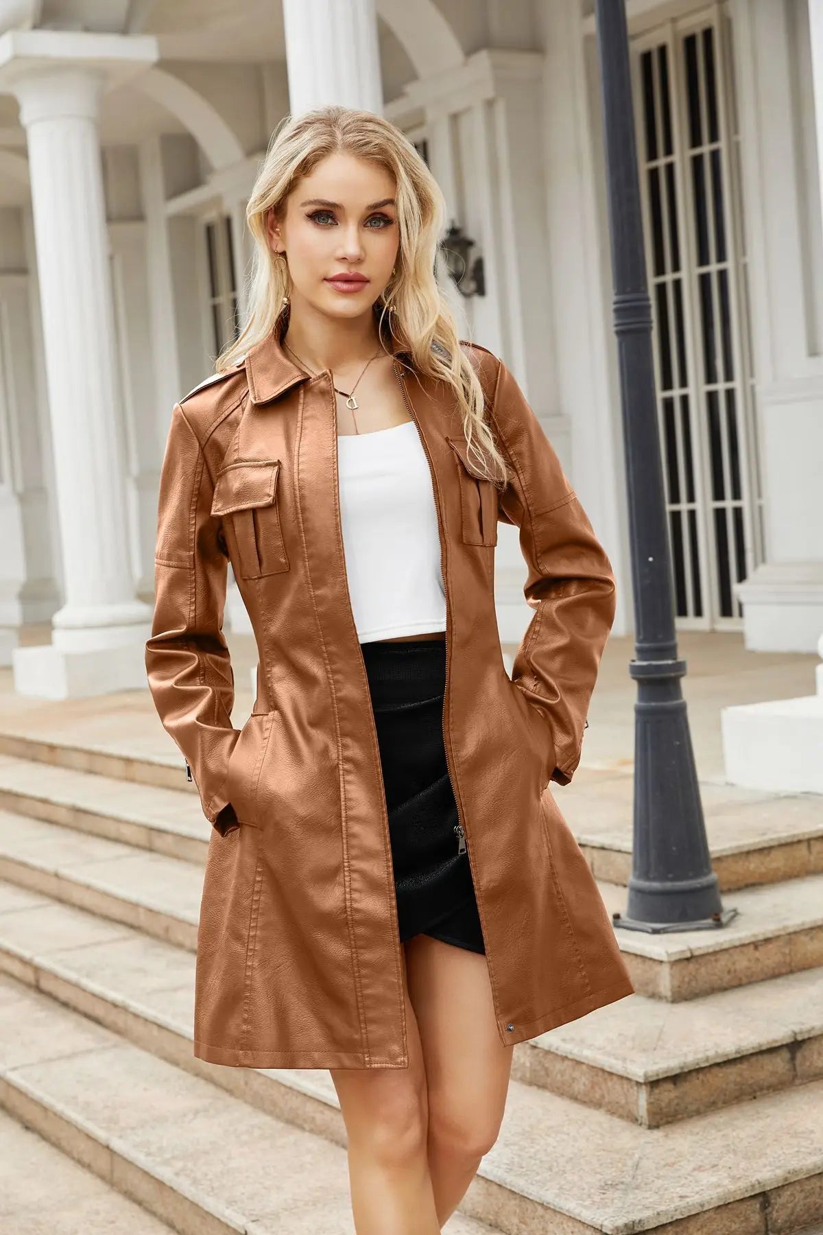 CAMEL LEATHER BELTED TRENCH COAT mfoya