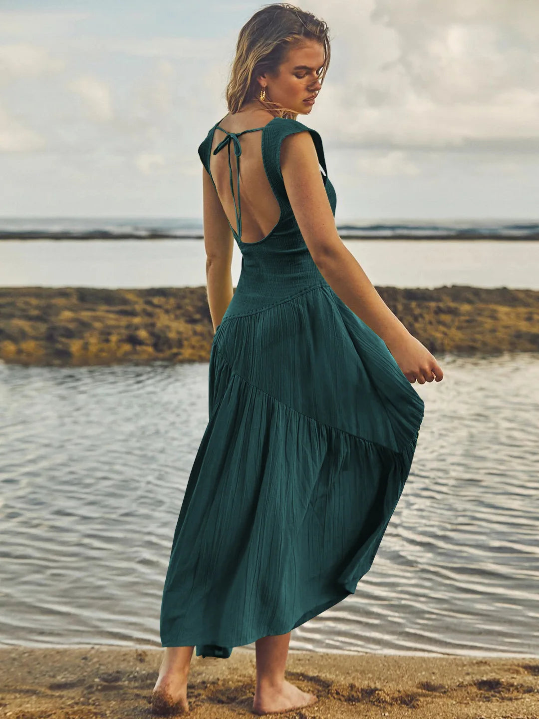 EMERALD BACKLESS BOHO STRAP DRESS mfoya