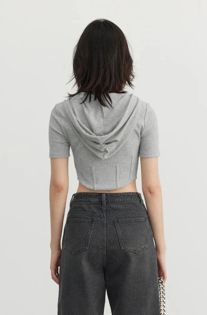 GRAY SOLID HOODED CROP TEE mfoya