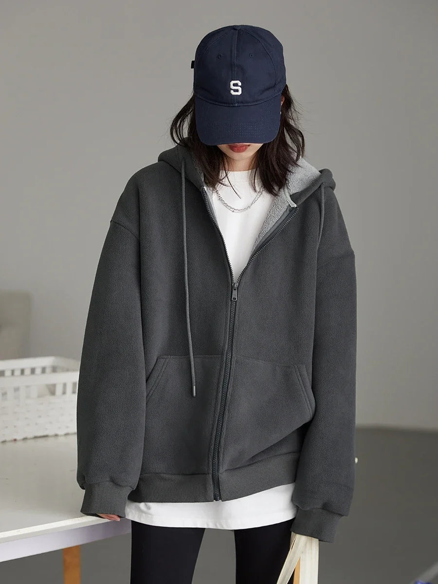 GRAY SOLID PLUSH ZIP-UP HOODIE mfoya