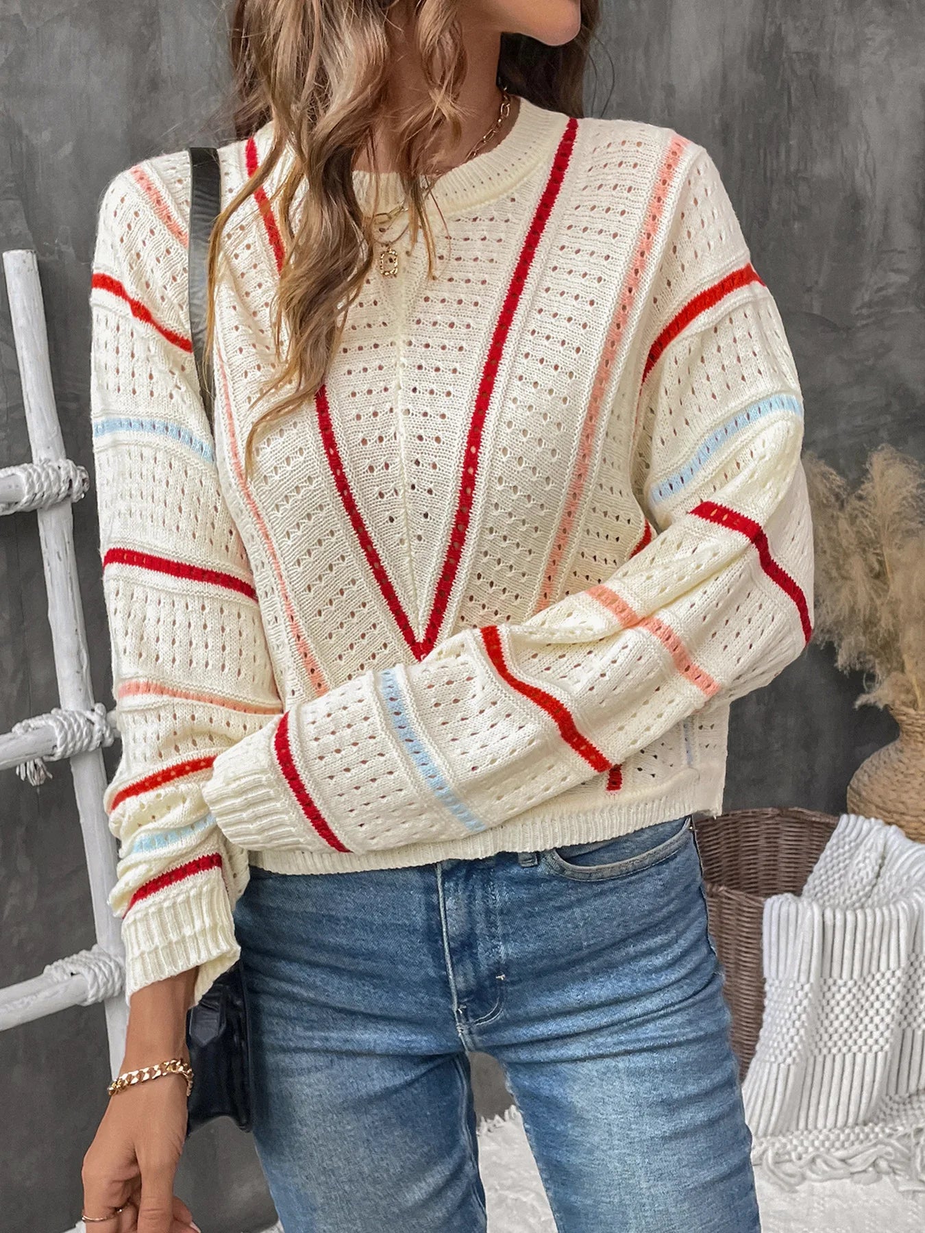 Striped Crew Neck Hollow-Out Sweater mfoya