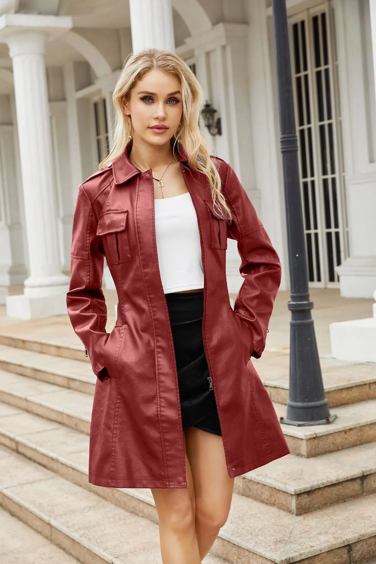 WINE RED LEATHER BELTED TRENCH COAT mfoya