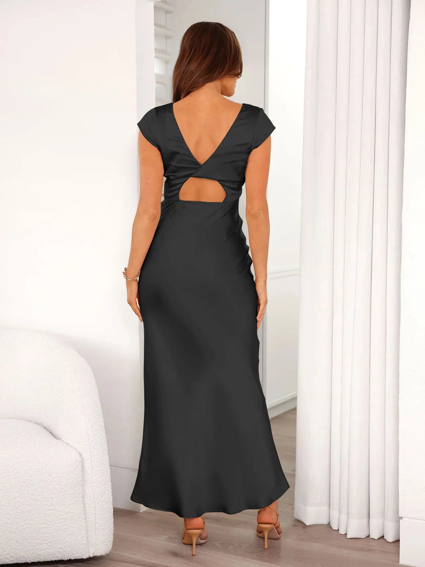 BLACK ELEGANT SATIN MERMAID DRESS mfoya