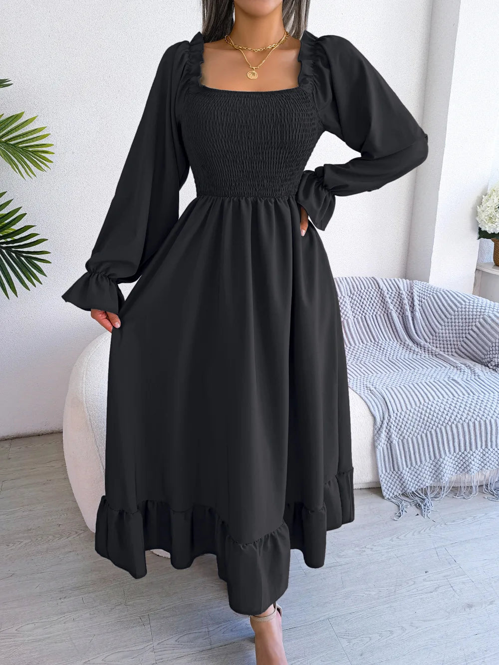 BLACK RUFFLE SWING MIDI DRESS mfoya