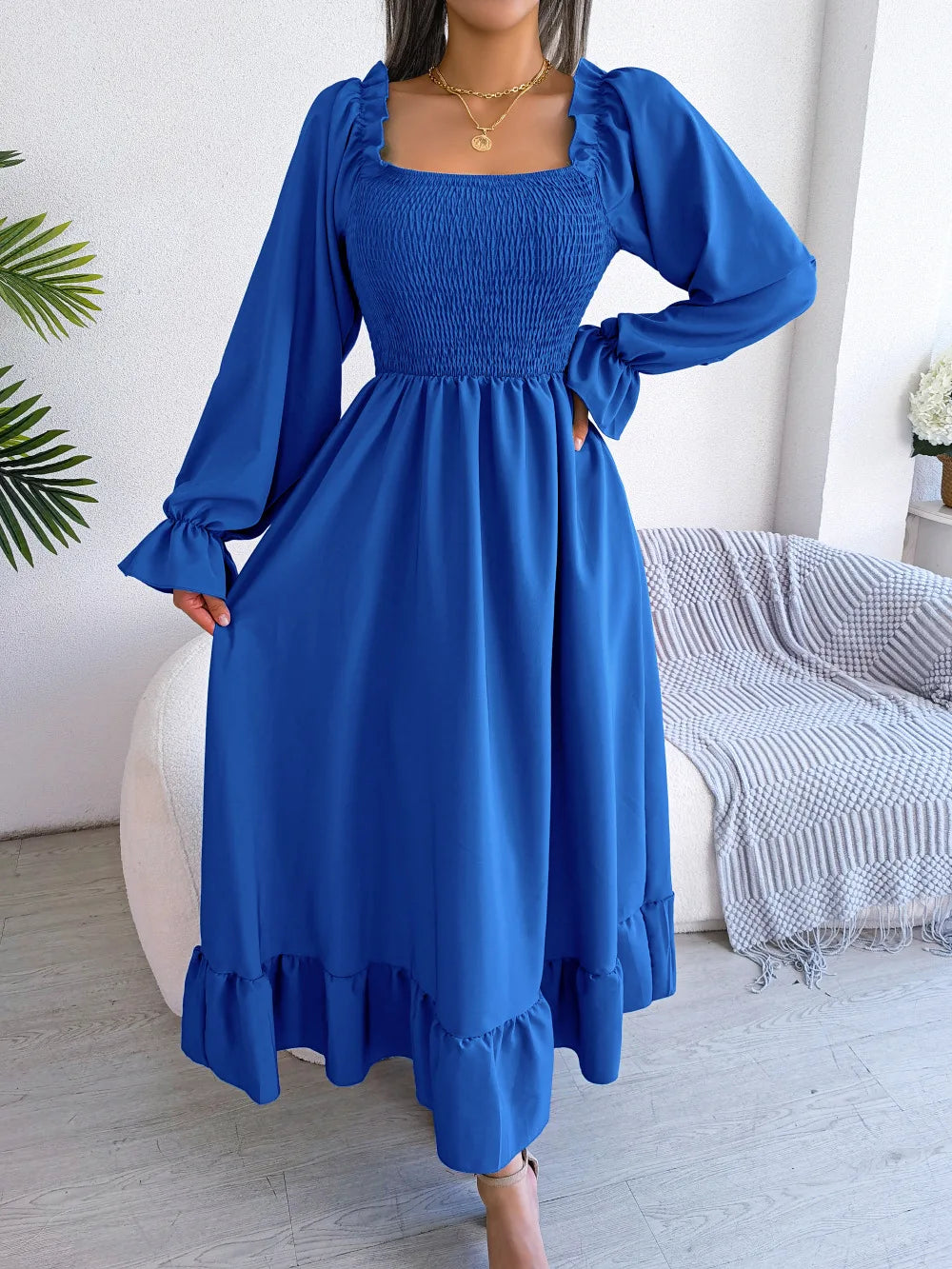 BLUE RUFFLE SWING MIDI DRESS mfoya