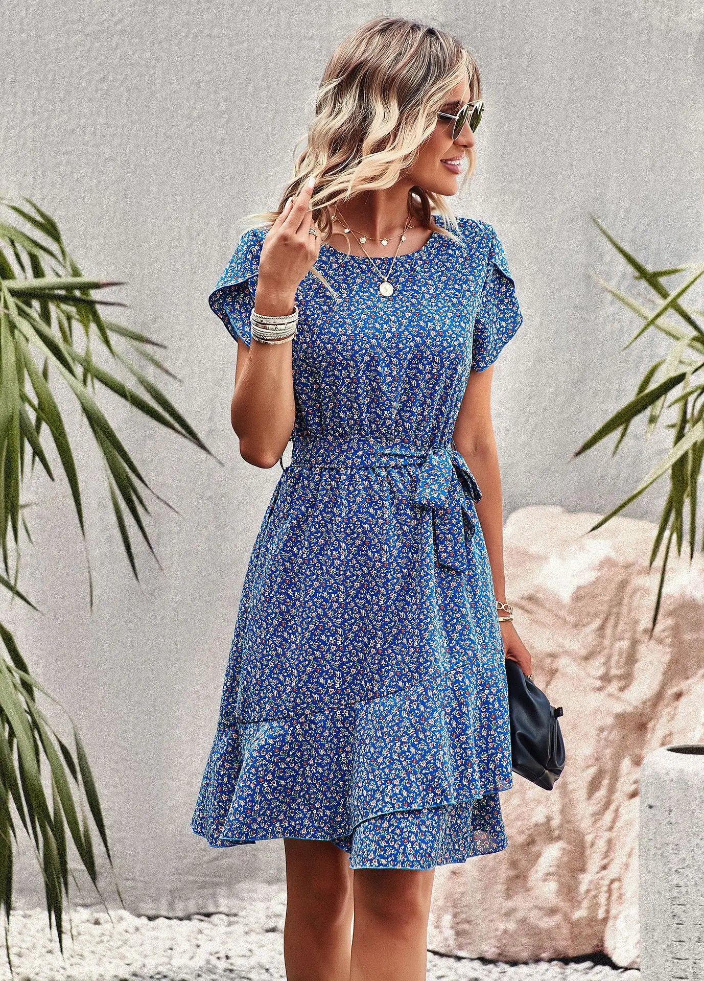 BLUE SEASIDE PRINT WRAP DRESS mfoya