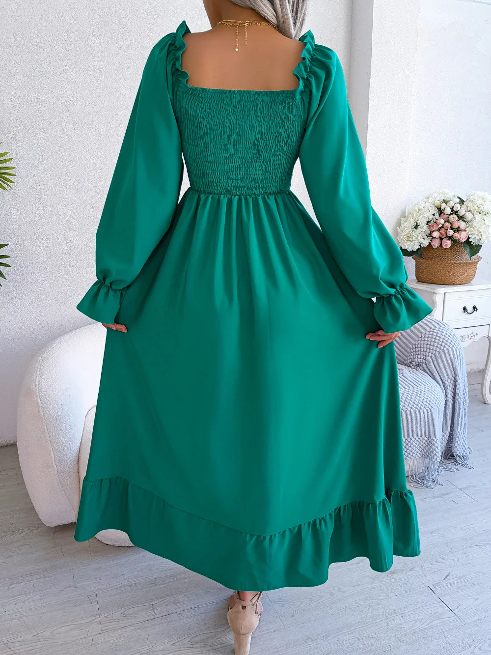 GREEN RUFFLE SWING MIDI DRESS mfoya