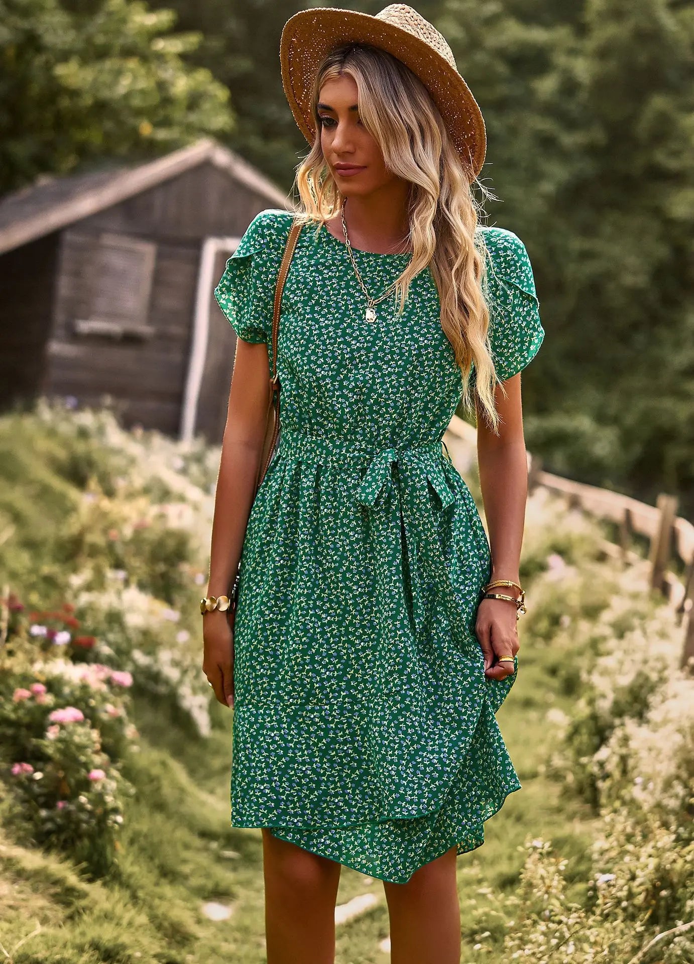 GREEN SEASIDE PRINT WRAP DRESS mfoya