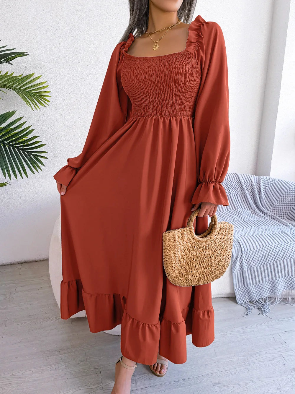 ORANGE RUFFLE SWING MIDI DRESS mfoya