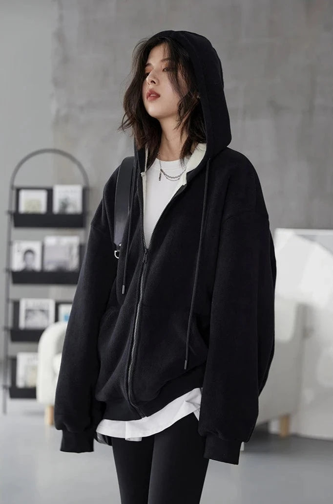 BLACK SOLID PLUSH ZIP-UP HOODIE