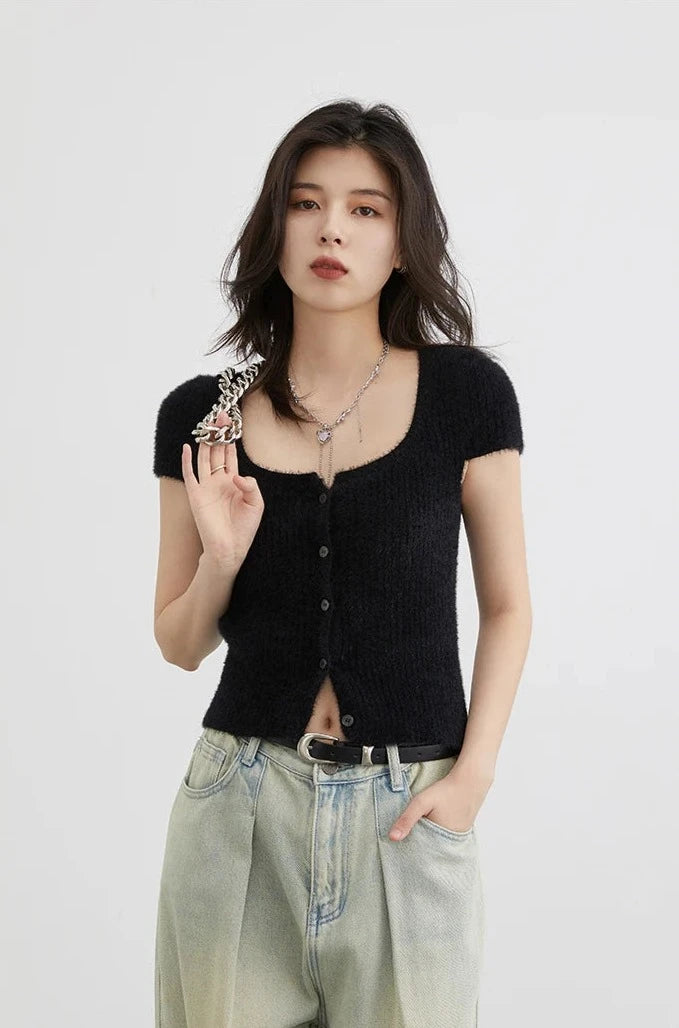 BLACK SQUARE NECK KNIT CARDIGAN mfoya