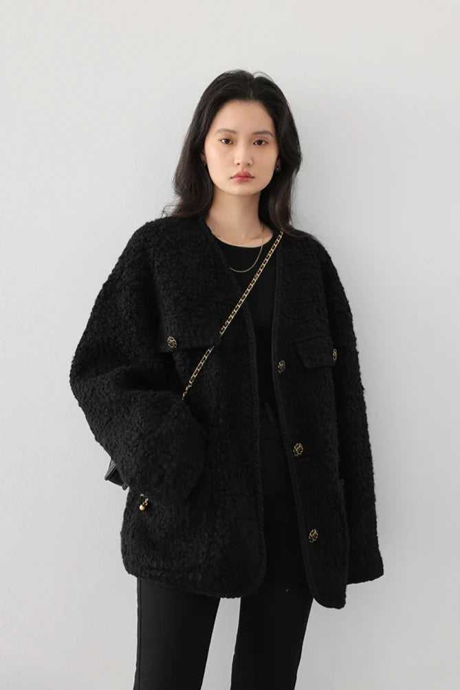 BLACK WOOLEN POLKA DOT COAT mfoya