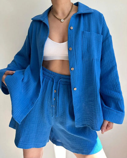 BLUE COTTON GAUZE CASUAL SET