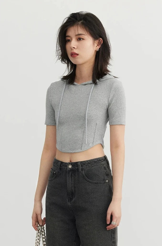 GRAY SOLID HOODED CROP TEE mfoya