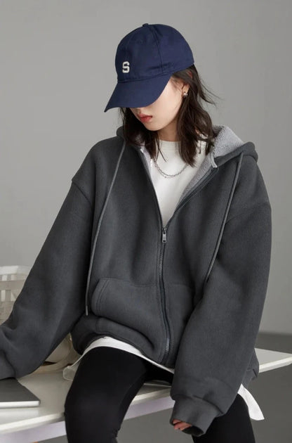 GRAY SOLID PLUSH ZIP-UP HOODIE