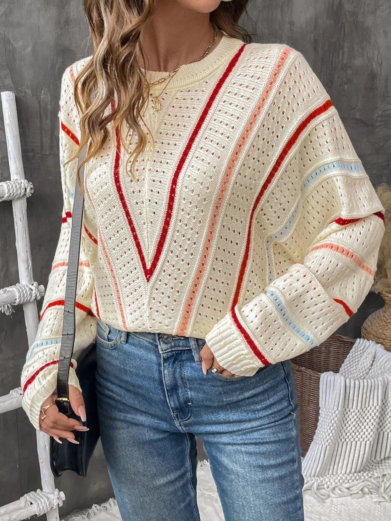 Striped Crew Neck Hollow-Out Sweater mfoya