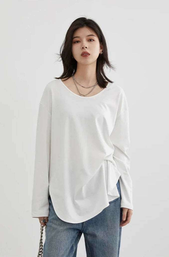 WHITE RELAXED U-NECK LONG SLEEVE TEE mfoya