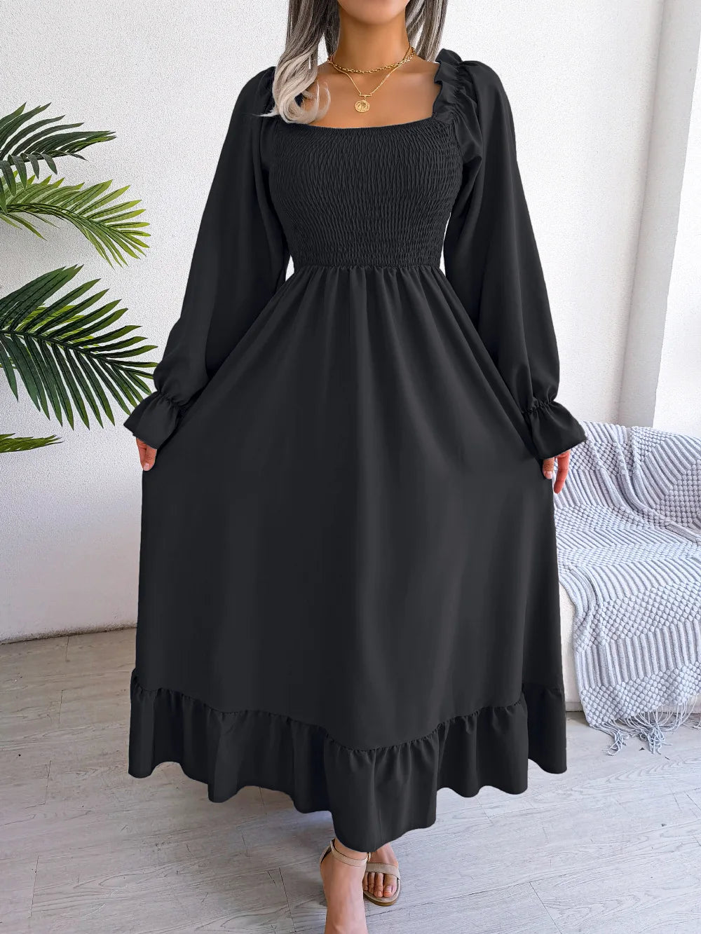 BLACK RUFFLE SWING MIDI DRESS mfoya