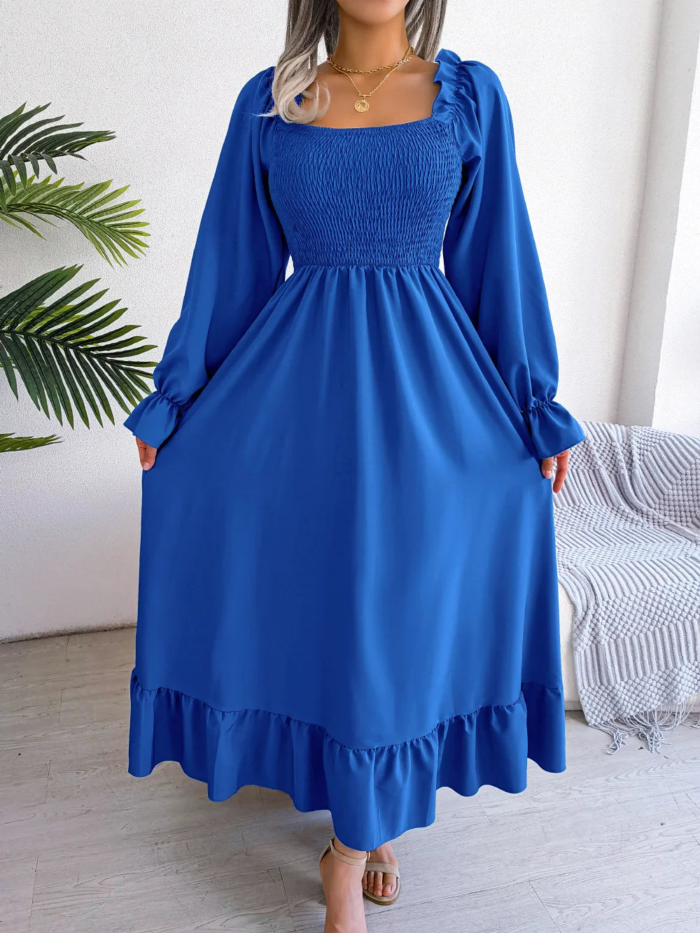 BLUE RUFFLE SWING MIDI DRESS mfoya